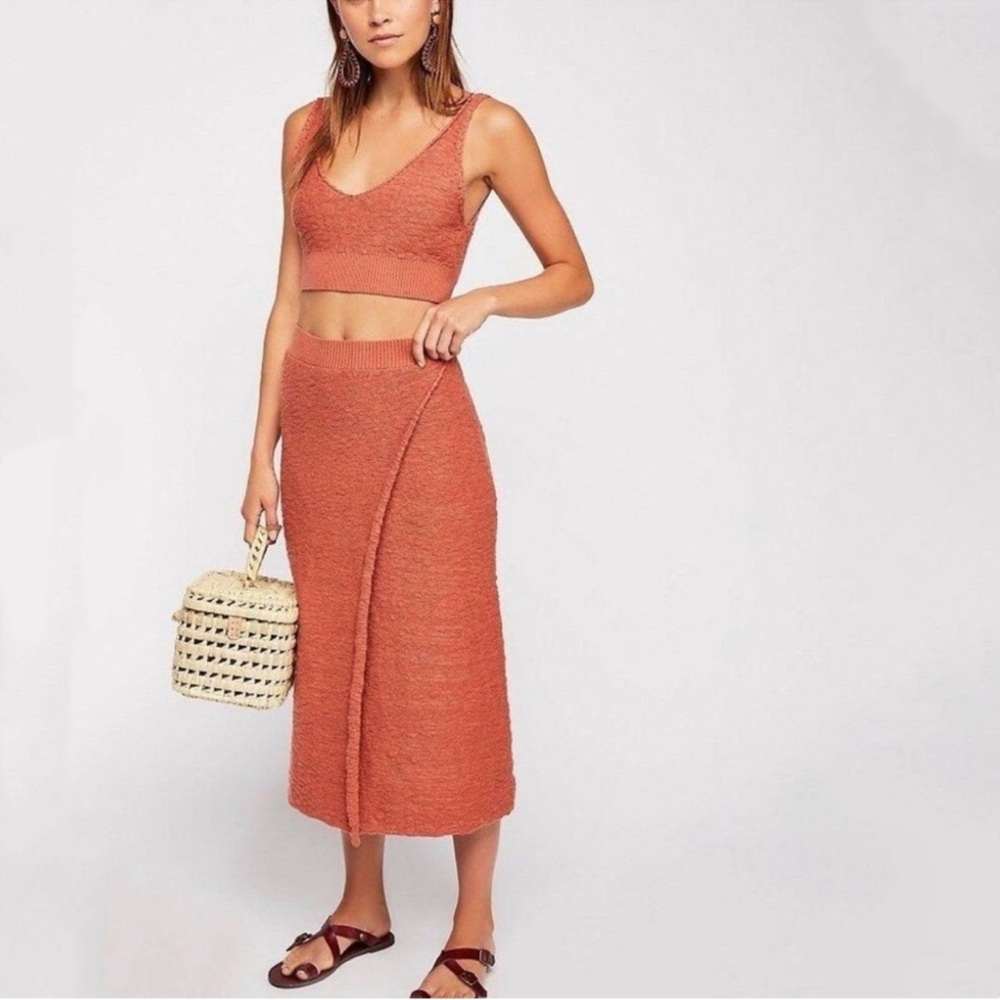 Free People Beach Seaside Dreams Textured Knit Crip Top + Skirt Set